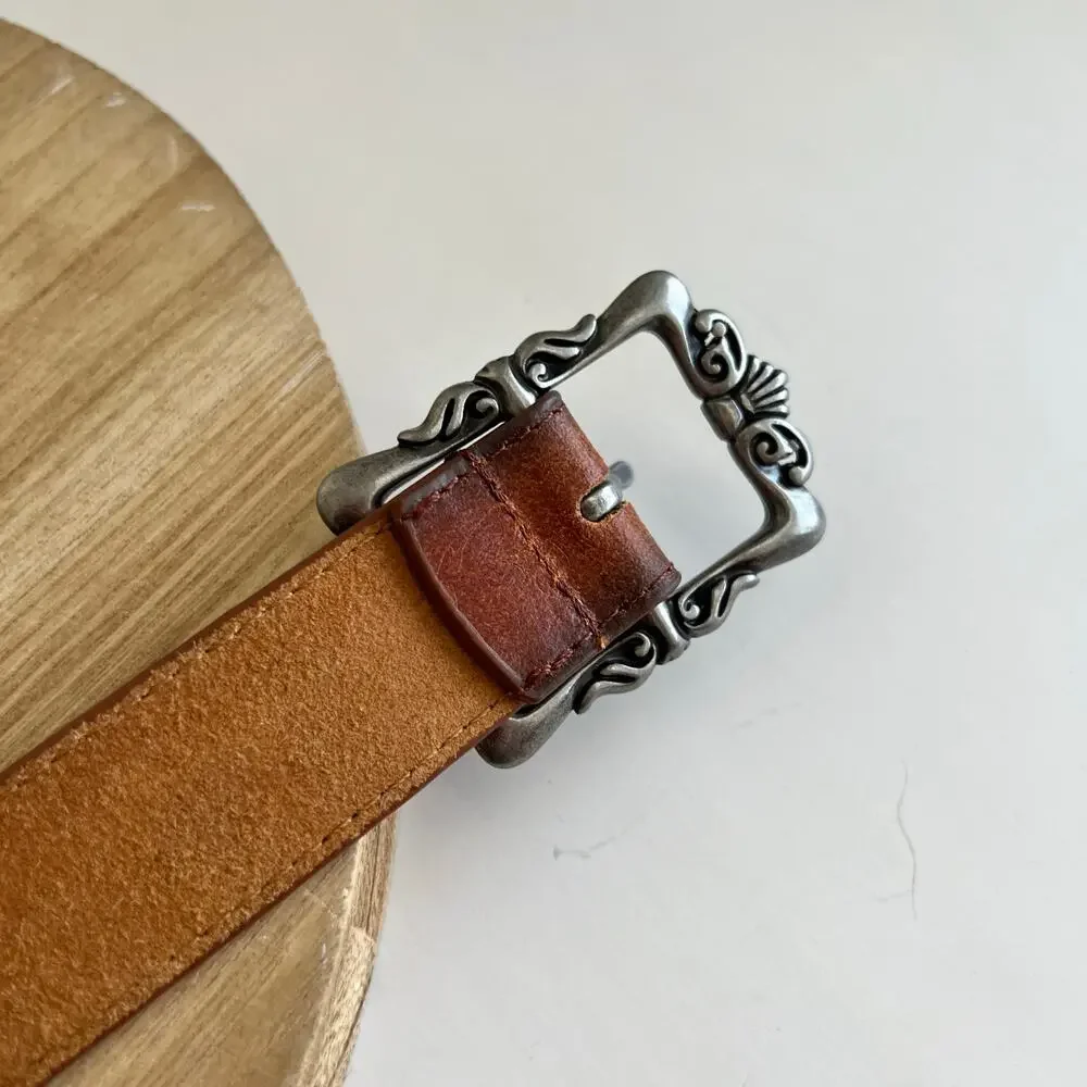 Brown Genuine Leather Stitched Detailed Silver Embellished Belt Size XL